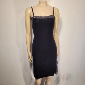 Sz M Vintage (90s) Betsy Johnson Black Velvet Little Black Dress, LBD, Lace Trim